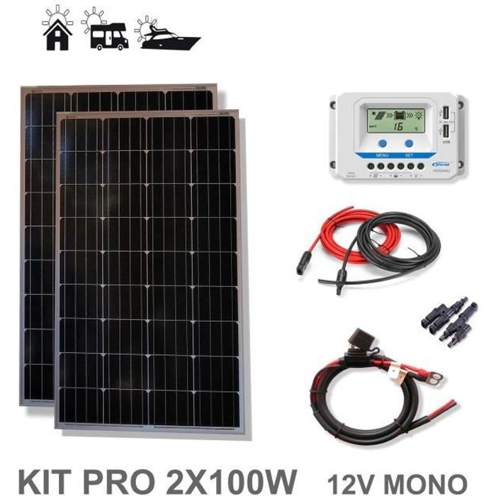 Kit panneau solaire 12V 2X100W 200W PRO camping car monocristallin