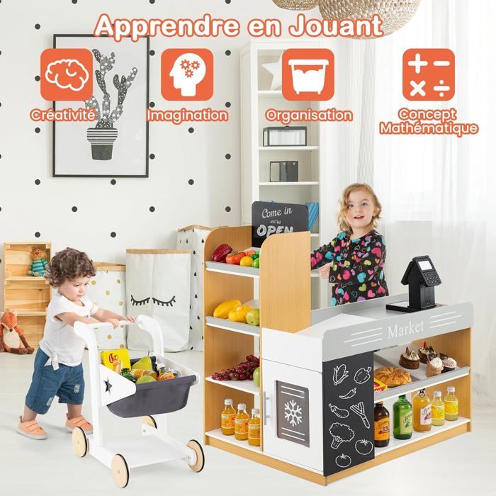 Épicerie En Bois Pour Enfant - 6 Casiers, 3 Tiroirs, Placard Et Horloge - Jeu De Rôle Dès 3 Ans - Blanc/gris