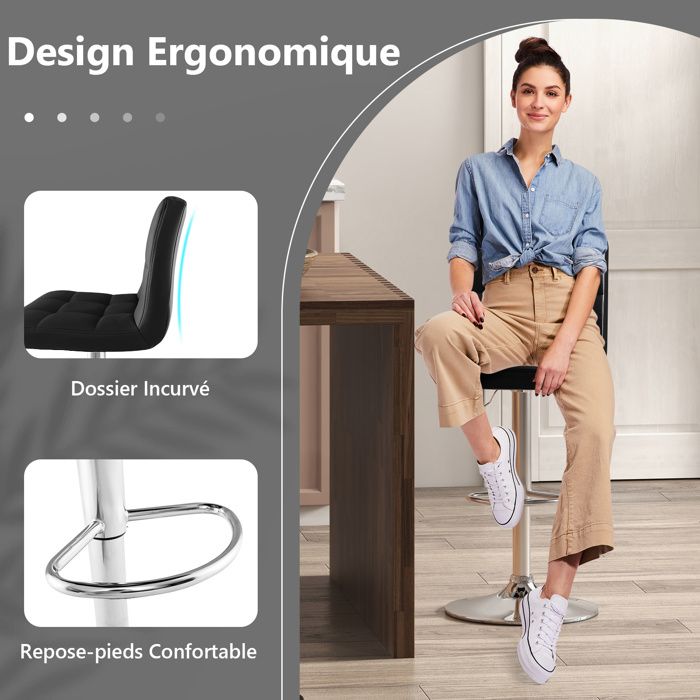 COSTWAY Lot De 2 Tabourets De Bar Pivotants En Cuir, Hauteur Réglable 65-85 Cm, Style Rustique Pour Cuisine Et Salle à Manger