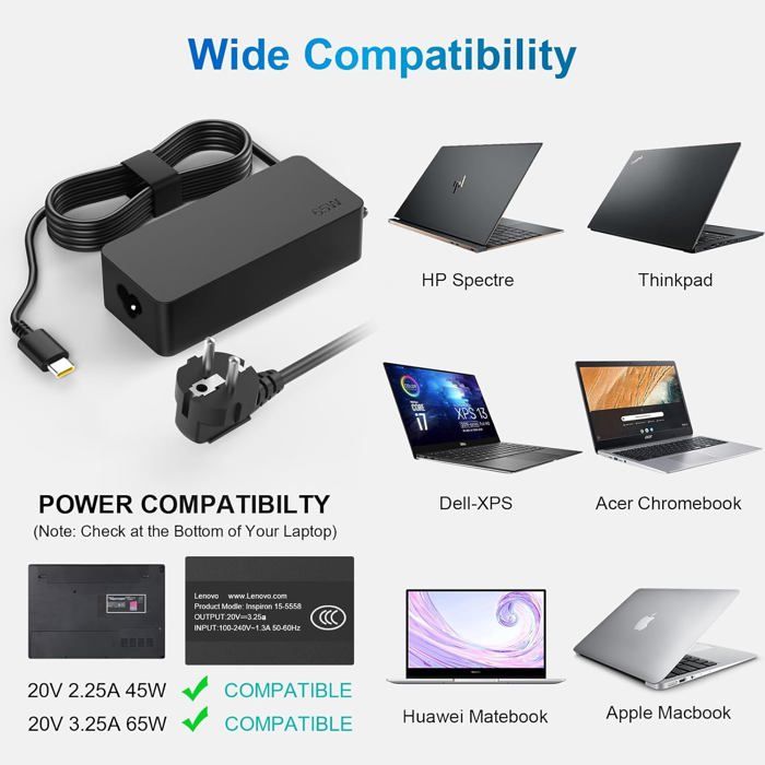 Chargeur USB-C 65W Universel Pour PC Portable Dell, HP, Asus, Lenovo, Huawei, Acer - Neuf Et Rapide