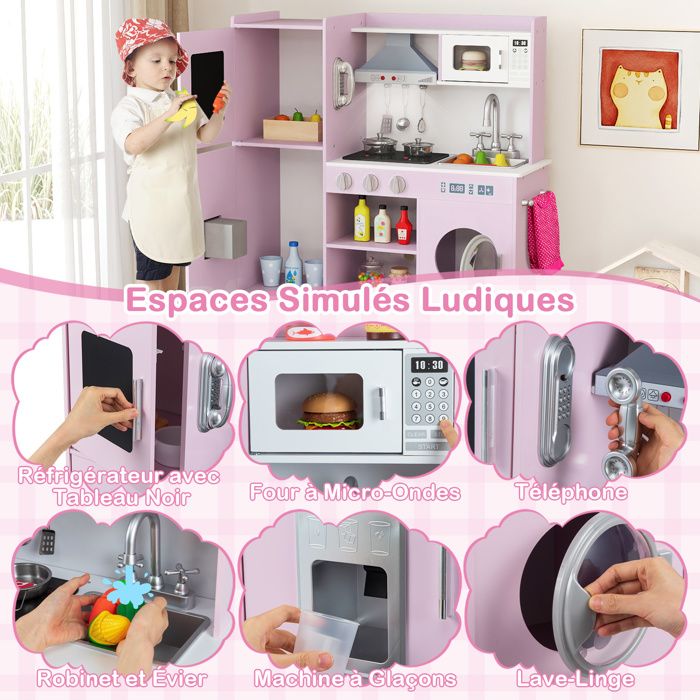 Cuisine Enfant en Bois - GOPLUS - Jouet éducatif - Effect Sonore & Nombreux Accessoires - Cadeau pour Enfant 3 à 8 Ans - Girs - Jeux - Jouets