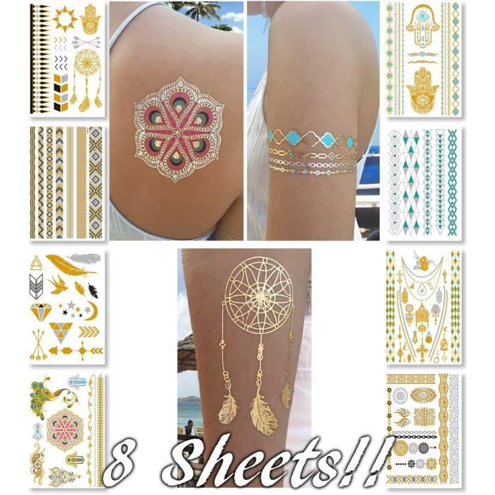 Kit De 4 Tatouages Temporaires Classiques Or & Argent - Bracelet Et Collier Étanches K8