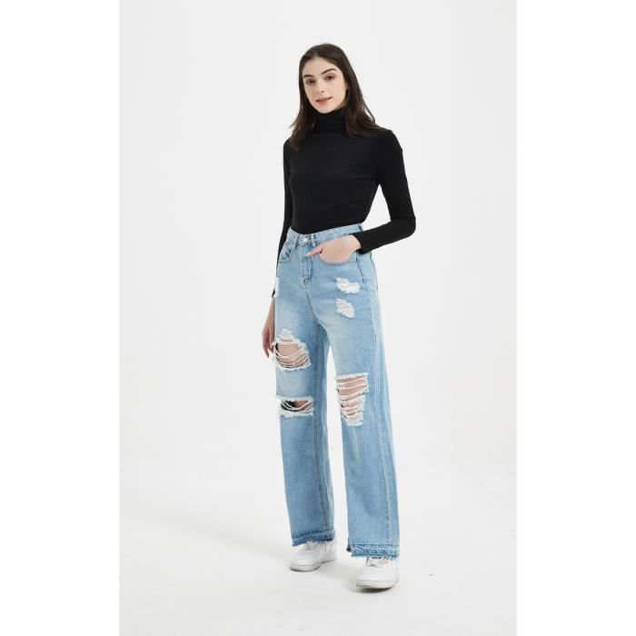 Jeans Dechire Femme Coupe Loose Denim Taille Haute Decontracte Bleu Cdiscount Pret a Porter