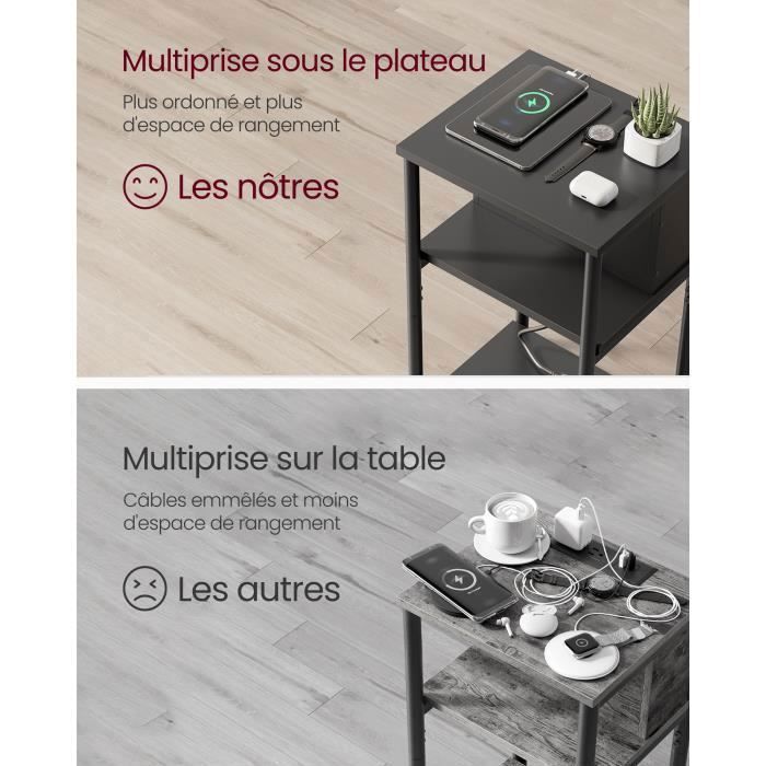Table D'Appoint Canapé Avec Multiprise - Noir 30x34x58cm | Meuble Rangement Salon Étagère
