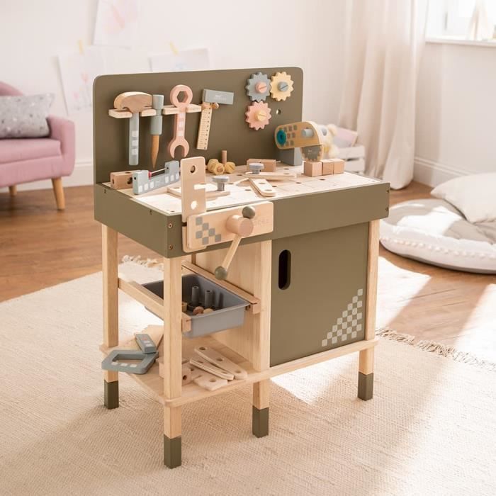 Owl & Fox Établi en Bois avec scie, clé, Marteau, vis et Accessoires, Jeu de rôle pour Enfants de 3 Ans et Plus, Durable, Traditionnel et élégant