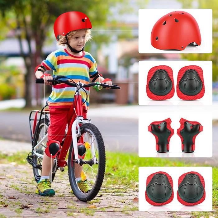 Sets de Protection Enfant Casque Vélo Réglable Coudières Genouillère  Protège-Poignets Protections Velo Skateboard Rollers Skate(Red)