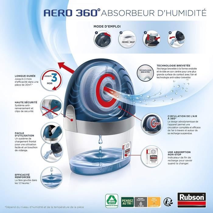 Rubson AERO 360° Absorbeur d'humidité pour pièces de 20 m² & AERO 360°  Recharge en tabs parfum lavande relaxante, recharge [307] - Cdiscount  Bricolage