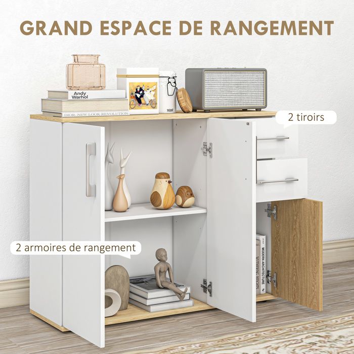 Buffet De Rangement HOMCOM 60x30x81 Cm - Bois Naturel, 3 Tiroirs, Placard Et étagère Réglable, Style Boho - 6