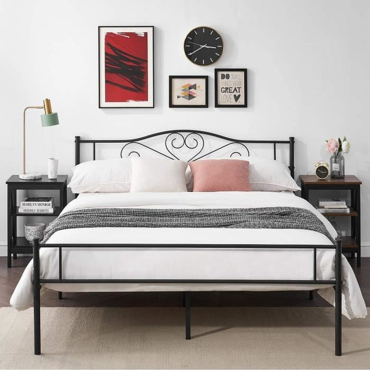 VECELO Cadre de Lit Double en M/étal Classique Structure de Lit Double 140x190 CM pour Enfants Adults Cadre de Lit en Fer Forg/é Noir-Grand Espace de Rangement sous-Lit-2 Place