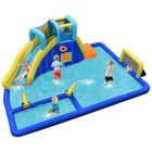 DREAMADE Château Gonflable Enfant, Aire de Jeux Gonflable avec Toboggan, Mur d’Escalade, 2 Piscines, Panier Basket & But de