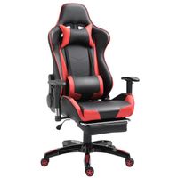 Chaise de bureau gaming style baquet racing pivotant inclinable réglable avec coussins repose-pieds synthétique noir rouge