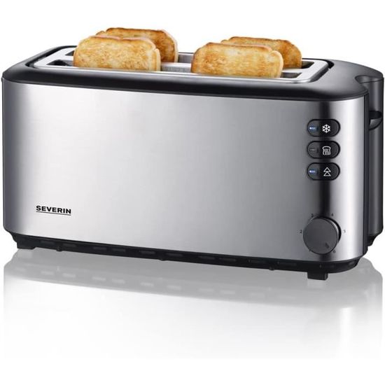 Grille-pain SEVERIN 1400W - Toaster 2 Fentes Longues Pour 4 Tranches - Fonction Décongélation Et Réchauffage - Design Inox/noir