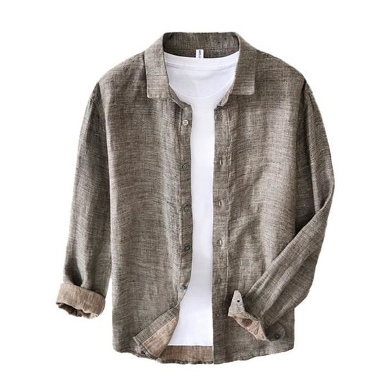 Mymyguoe Henley Linen Chemise en lin à manches longues pour homme - Chemise d'été légère - Confortable - Chemise de loisirs boutonnée - Coupe ajustée - Avec poches - Chemise d'affaires décontractée