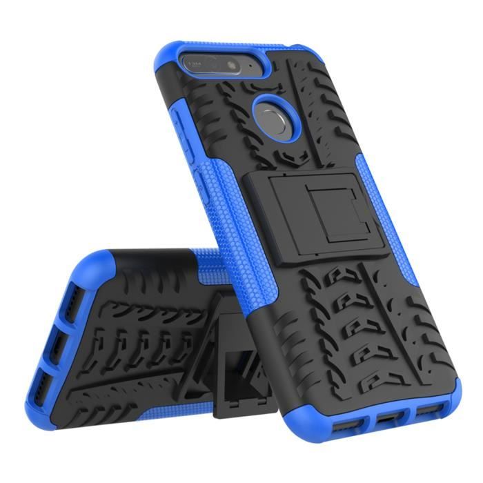 Coque Huawei Y6 2018 Etui Double Couche Pare Chocs Antichoc TPU Silicone Housse avec Fonction de Support Amélioré - Bleu
