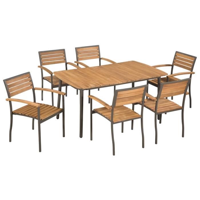 7 pcs Mobilier de jardin Bois d'acacia massif et acier - 1 table et 6 chaises empilables