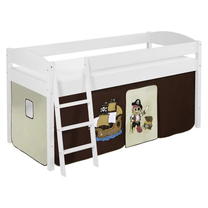 Lit surélevé ludique/évolutif IDA 4105 Pirate marron beige - avec rideaux - LILOKIDS - blanc laqué