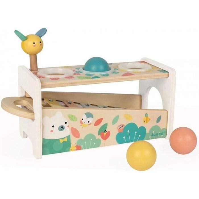 Janod - Tap Tap Xylo Pure - Jouet En Bois 2 En 1 - Jeu D'Éveil Musical Et D'Adresse - Avec 3 Balles + Marteau + Xylophone - Dès 1 An