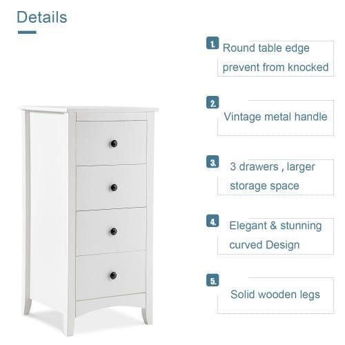 Commode de 4 tiroirs Armoire de chevet blanche Coffre de rangement en bois anti-basculement -PAI