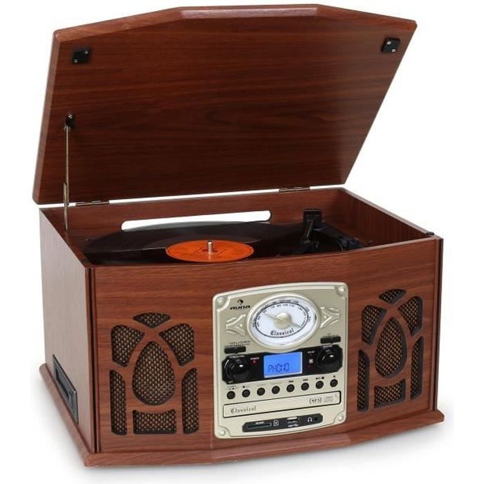 auna NR-620 - Chaîne hifi stéréo avec platine vinyle vintage - Platine vinyle, lecteur cassette, CD et MP3 USB - Bois vintage