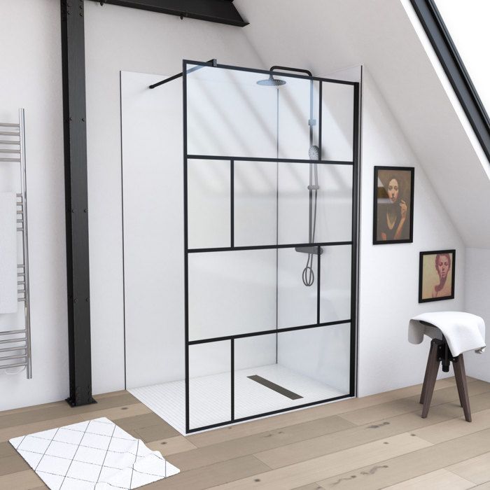 Paroi de douche à l'italienne sérigraphie type brique - dim. 120x195cm - Profilé noir mat - verre transparent 5mm - BLOCKS 120