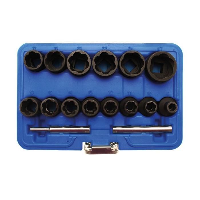 Jeu de douilles speciales / extracteur de vis cassées 12,5 mm (1/2-) 8 - 27 mm 16 pièces