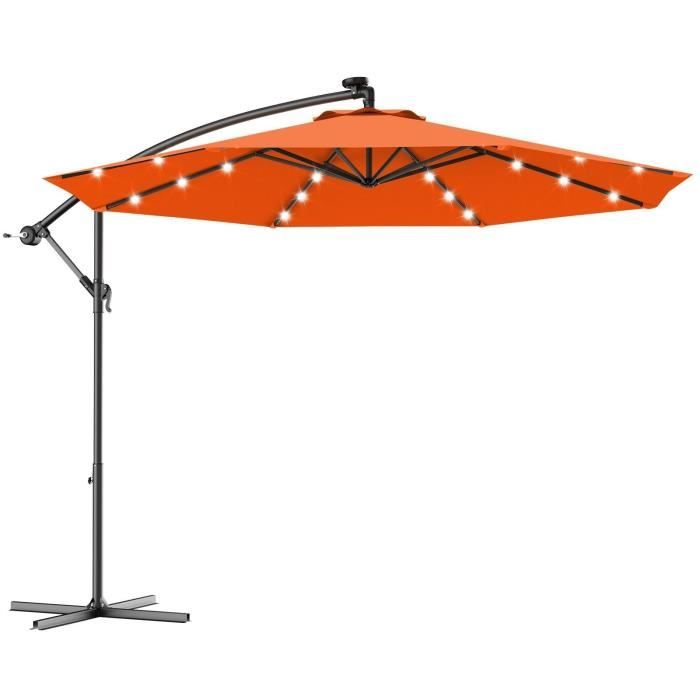COSTWAY Parasol Déporté 3M Excentré avec 24 LED Lampe Solaire en Polyester Imperméable Hauteur 2,5M avec 8 Baleines en Fer Orange