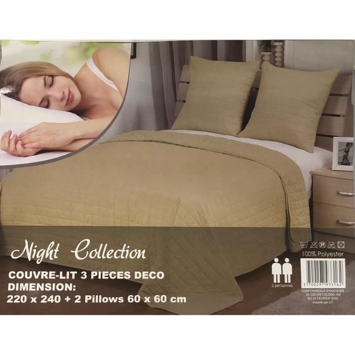 Couvre-lit boutis uni taupe pour un lit de deux personnes en 220x240 cm + les deux taies d'oreiller 60x60 cm 100% polyester
