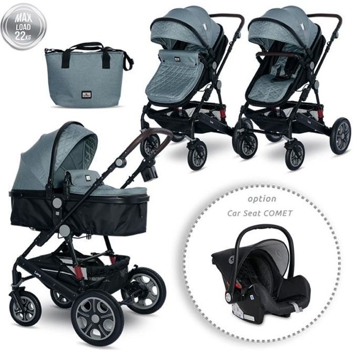 LORELLI - Poussette combinée trio 3 en 1 - siège auto 0m – nacelle – dès la naissance – jusqu’à 15kg – Lora - bleu