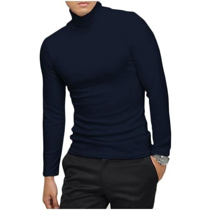 VKA28 Sous-pull pour homme modèle Raphael col montant thermique slim fit (Bleu - M-L)
