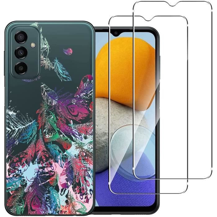 Compatible Samsung Galaxy M23 5G - 2 protections écran verre trempé et Coque transparente avec motif fantaisie [Plumes]