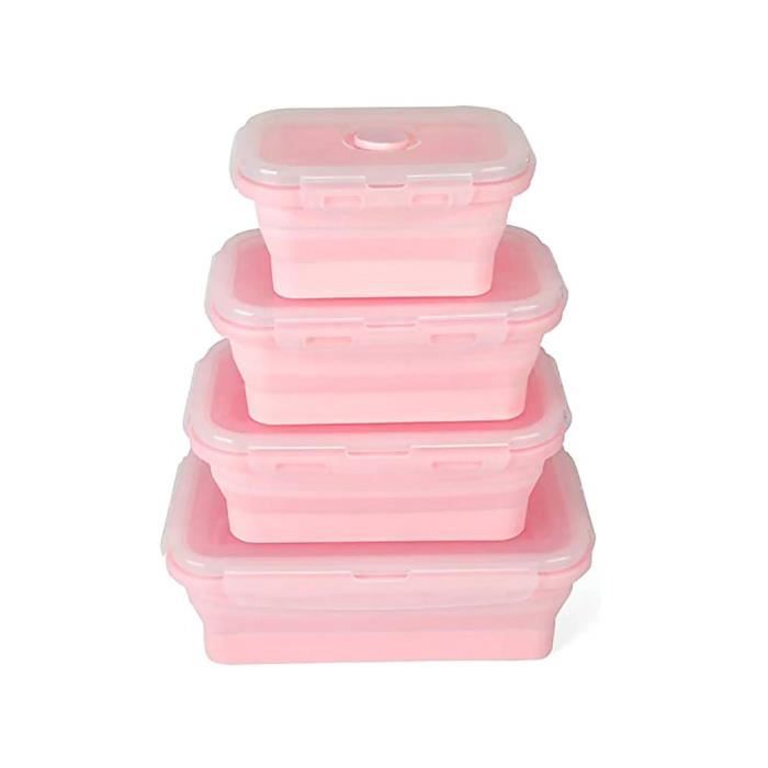 FDA 3-4 Pcs Boîte à lunch pliante portable Boîte à lunch carrée en silicone Micro-ondes rose, 4 pièces