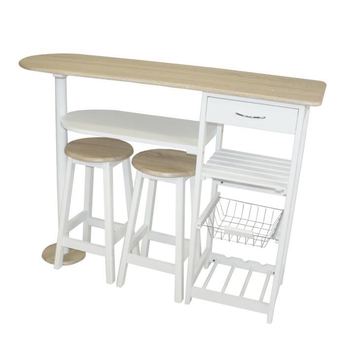 Ensemble table-bar et 2 tabourets coloris Blanc - Imitation chene grisé