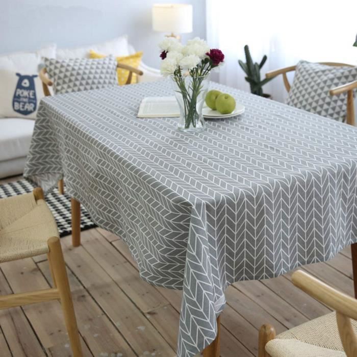 Nappe de Table Rectangulaire en Coton et Lin à Rayures Blanches et Grises 140x140CM, Nappe Rectangle Anti-Tache pour#345