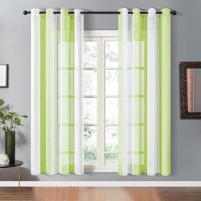 Topfinel Lot de 2 Rideaux Voilages à Oeillets 140x240cm Motif Rayures Lignes Géométriques Pour Salon Chambre Vert Anis