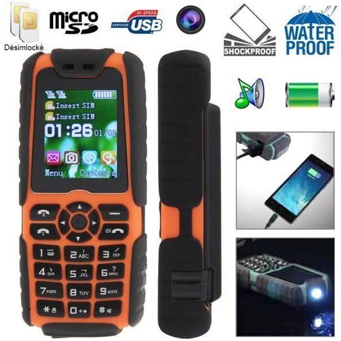 Téléphone Mobile Tout Terrain Waterproof Antichoc Lampe Double Sim Noir Rouge Plastique YONIS