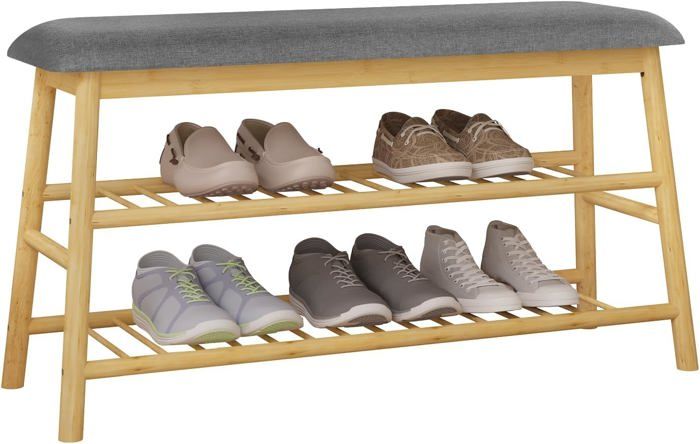 banc à chaussures en bambou avec siège rembourré, étagère de rangement à 3 niveaux, 90x30x48,5cm, couleur bambou+gris e0ig0004