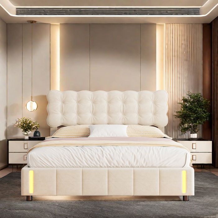 Lit Rembourré 160x200 LED Lit Coffre Lit Capitonné en velours Lit Adulte Lit Double Lit de Rangement Beige
