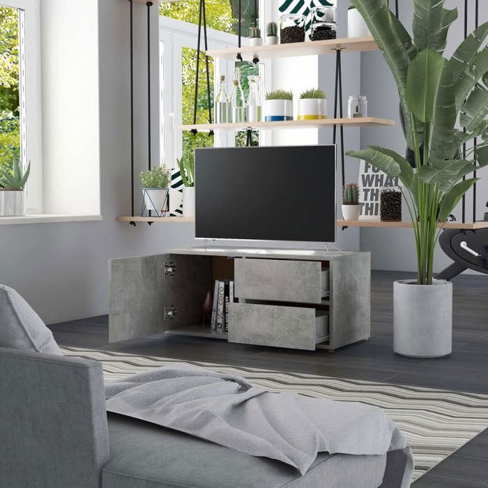 Meuble TV - Banc TV - Table TV - Gris béton - 80x34x36 cm - Bois dingénierie T339