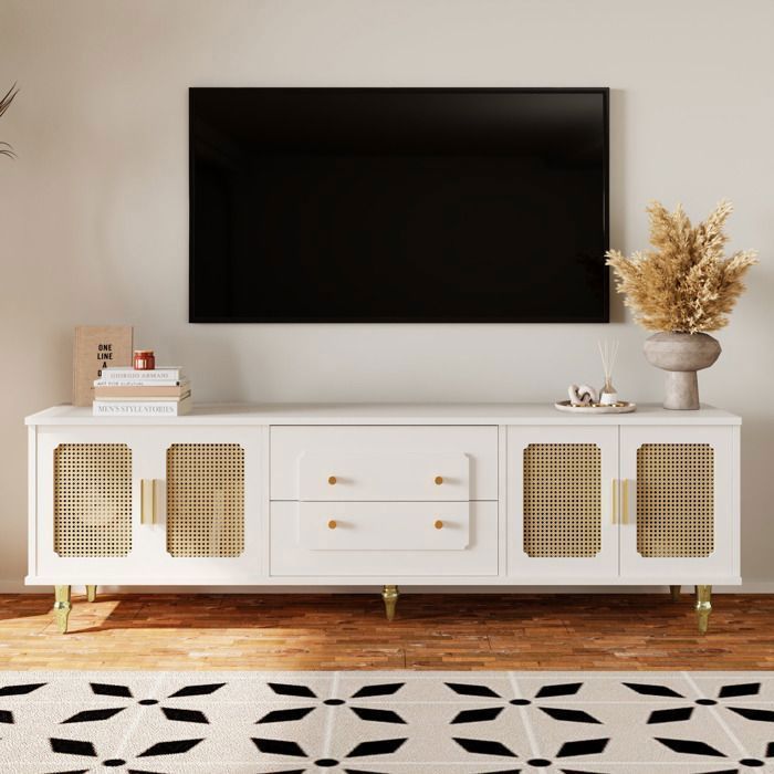 Meuble TV - Style Vintage - 2 Tiroirs 4 Portes - Rangement Rotin - Pieds En Métal - Blanc