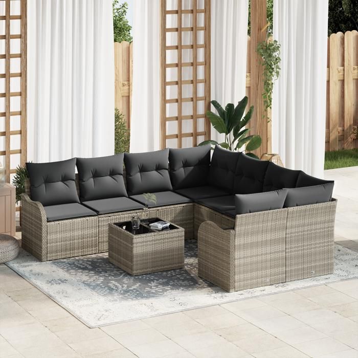 Ensemble de canapé de jardin vidaXL 9 pièces avec coussins gris clair en rotin synthétique Canapé de jardin 2 places vidaXL