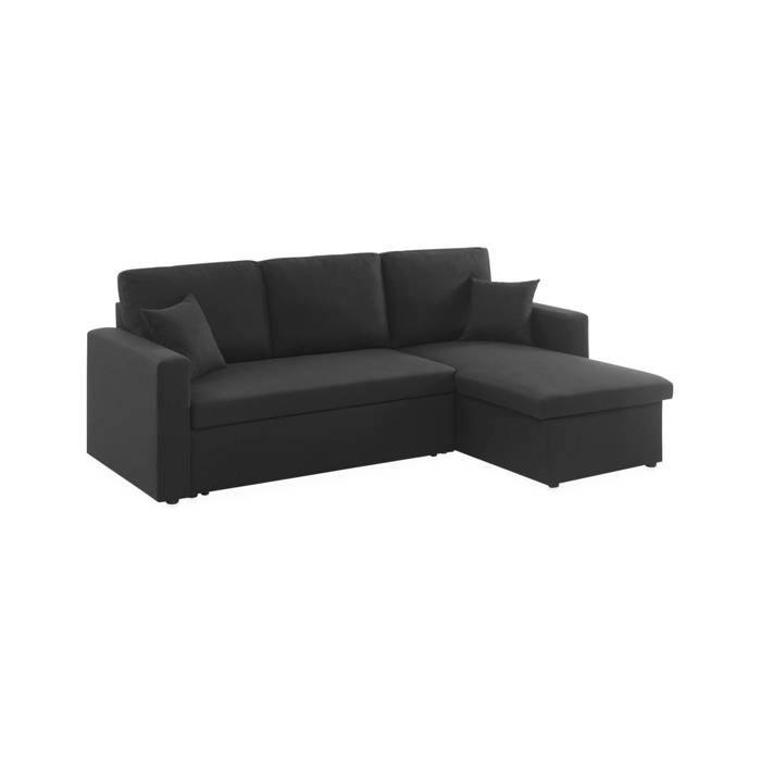 Canapé dangle SMILE convertible réversible compact 3 places en tissu noir. L 213.5 x P 136.5 x H 83cm. avec coffre de rangement Canapé dangle SMILE convertible réversible compact 3 places en tissu noir. L 213.5 x P 136.5 x H 83cm. avec coffre de rangement