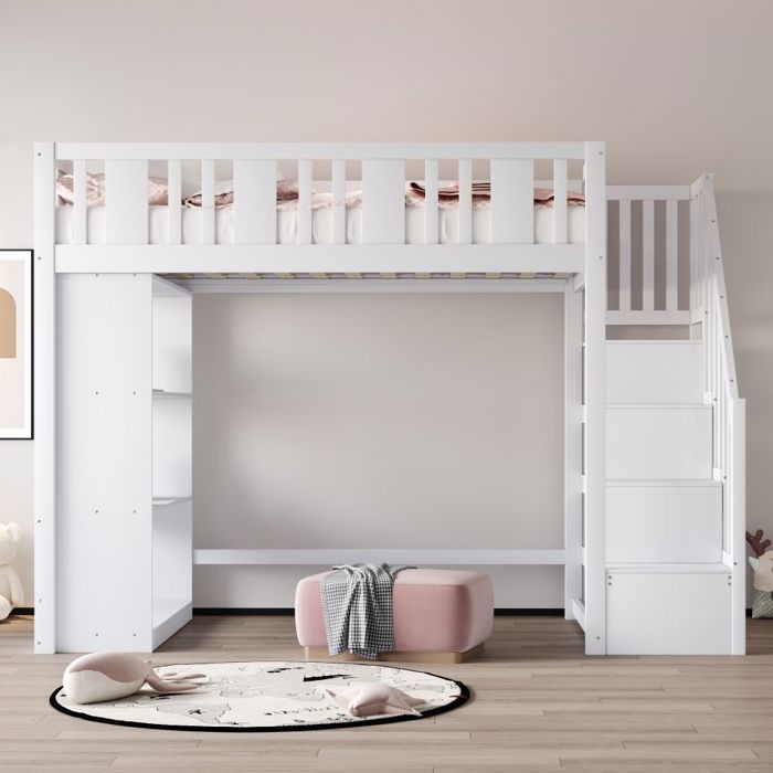 Lit mezzanine enfant 90x200 cm bois blanc - Escalier rangement grands compartiments fonctionnel pour ado - Sans Matelas
