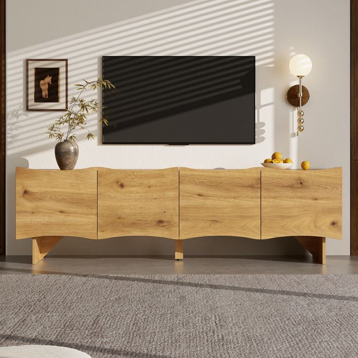 Meuble TV à motif ondulé – console multimédia de 155 cm avec rangement - quatre portes et passages de câbles aspect bois
