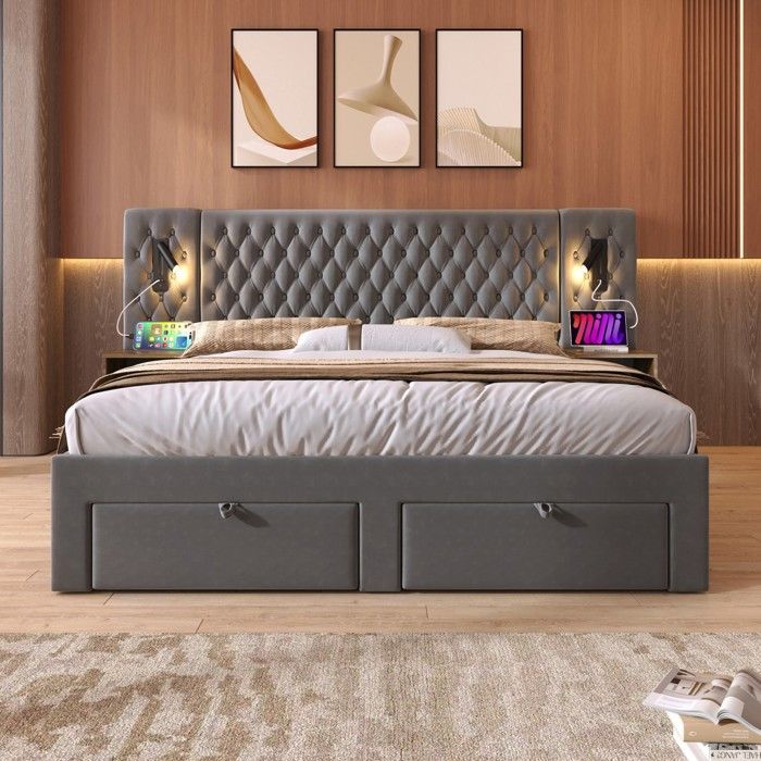 Ensemble Chambre avec Lit Double 160x200cm Tête de Lit LED Velours Gris Inclus 2 Tables de Chevet et Commode - Sans Matelas Ensemble Chambre avec Lit Double 160x200cm Tête de Lit LED Velours Gris Inclus 2 Tables de Chevet et Commode - Sans Matelas