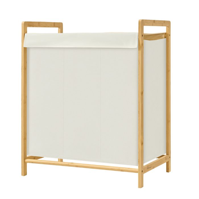Panier à Linge avec Couvercle 3 Compartiments Cadre en Bambou Sac à Linge Amovible 150 L Crème
