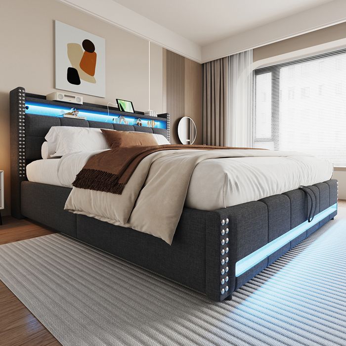 Lit coffre 180x200cm en lin - avec LED et prise USB - Coffre de rangement - Sommier à lattes - avec levier hydraulique - Gris