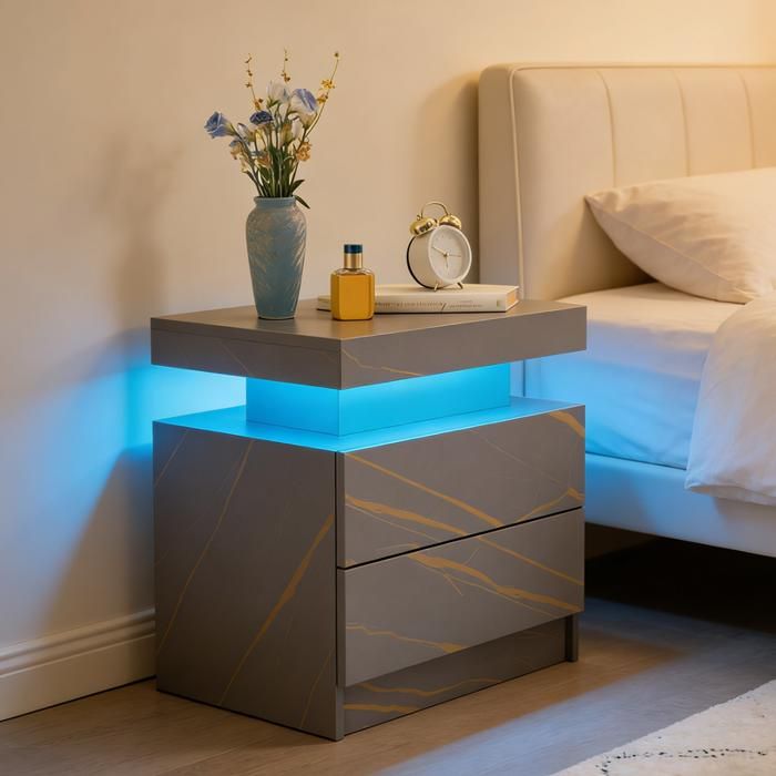 Table de chevet - BELLEMAVE - 2 Tiroirs LED Multicolore Réglable - pour chambre à coucher - gris et or