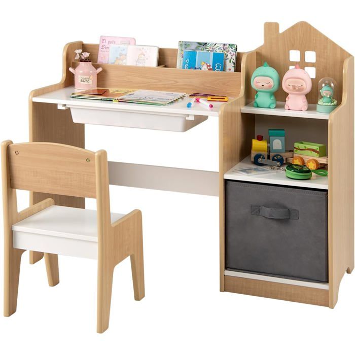 GIANTEX Bureau Enfant avec Chaise-94x40x76 5CM-1 Boîte de Rangement+1 Tiroir en Tissu+Étagère+Bibliothèque Dessus-Naturel