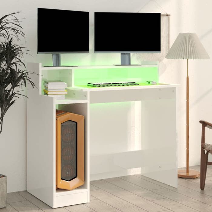Bureau secrétaire contemporainrésistance stabilité（1 pcs） Meuble de Bureau lumières LED Blanc brillant 97x45x90cm Bois dingénier