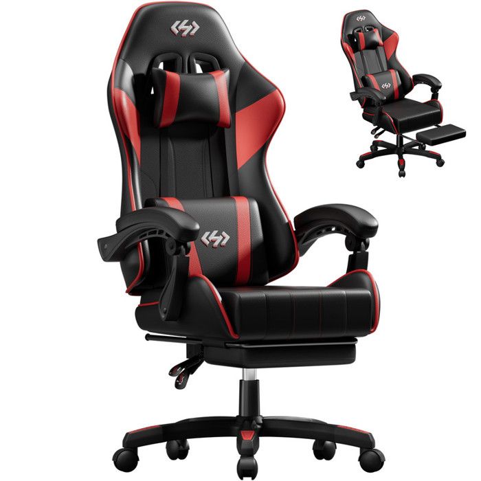 EcoFurnix Chaise Gaming Ergonomiqueavec Appui-Tête et Repose-Pieds RétractableSupport Lombaire Réglable en Hauteur Noir et Rouge
